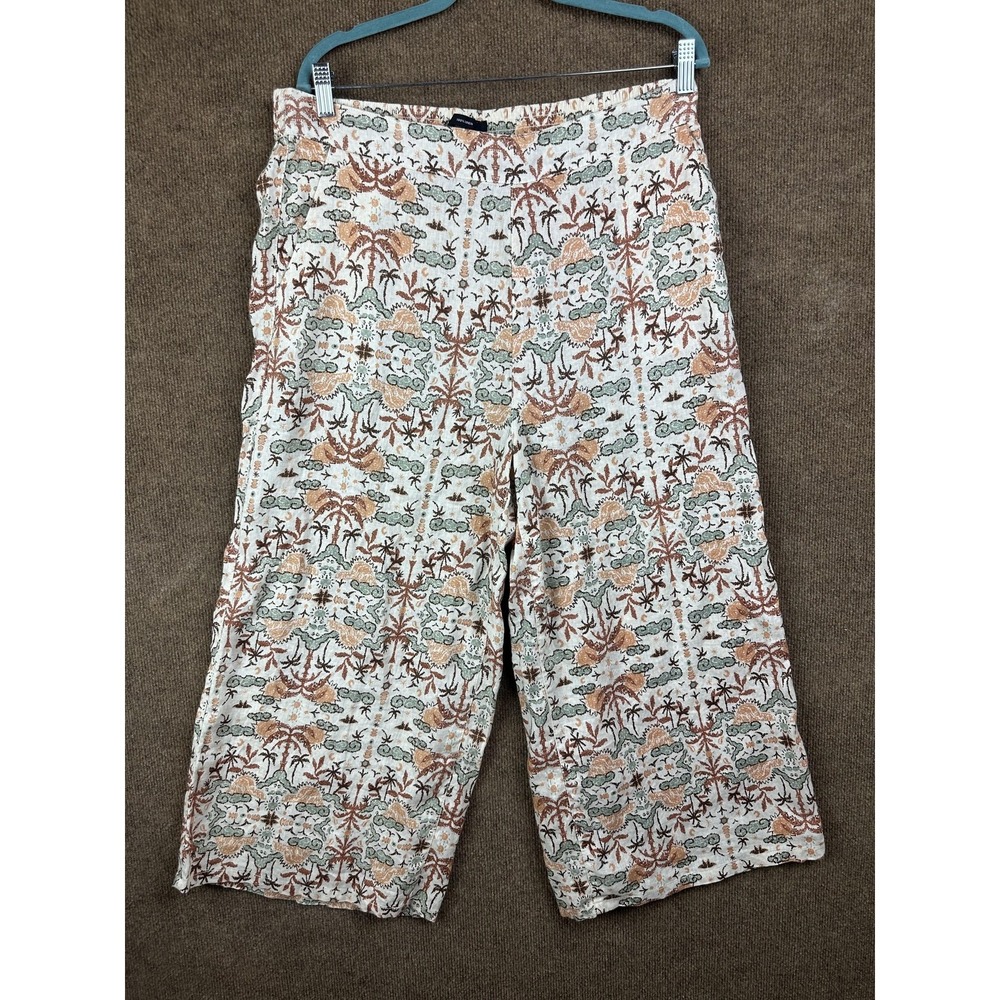 Tahari Pants Womens XL White Paisley Cropped Wide Leg Linen Pull On Pockets